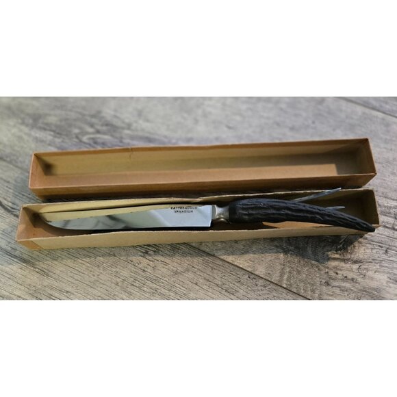 Antique Cattaraugus Vanadium Carving Knife & Fork Set Black Faux Antler Handles - Picture 9 of 9